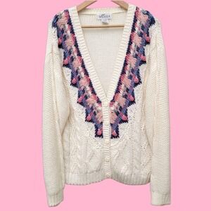 Vtg Just Sasha Floral‎ Knit Cardigan L Sweater Pom Poms Grandmacore Soft Girl